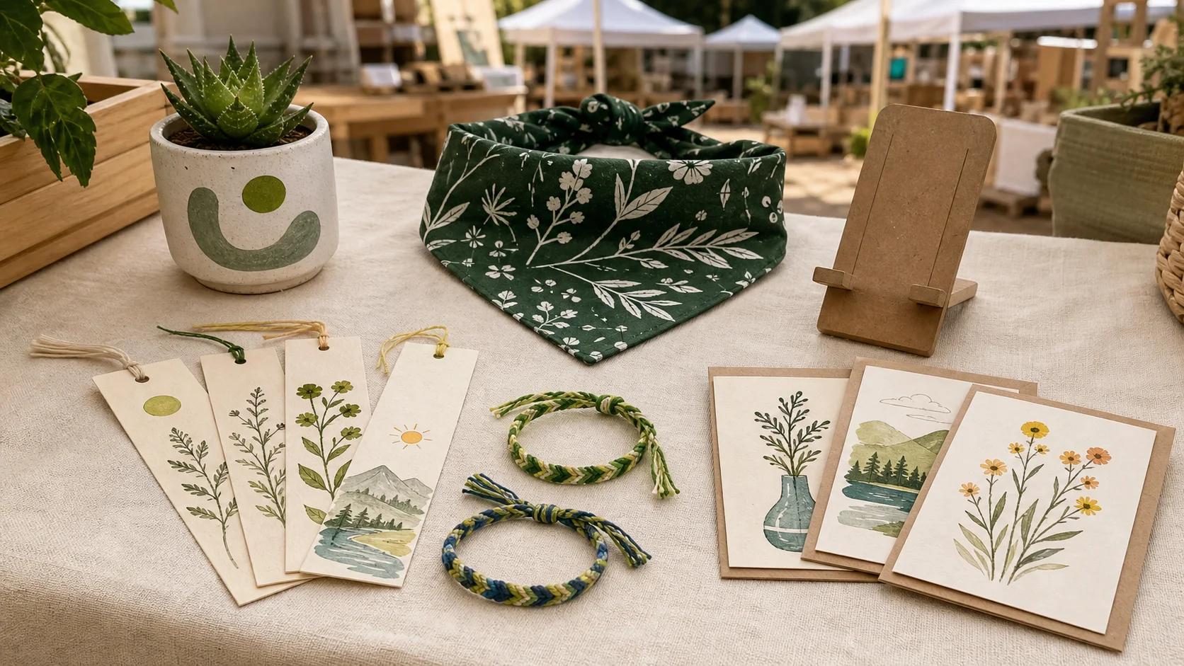 A market table displaying handmade bookmarks, greeting cards, friendship bracelets, a pet bandana, a recycled planter, and a phone stand.
